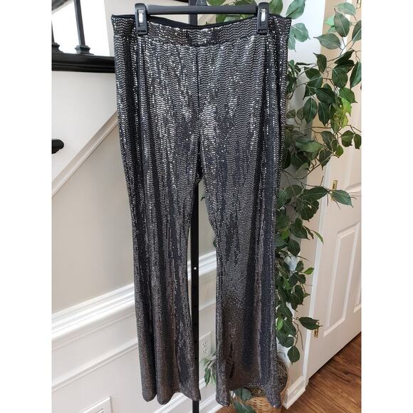 Forever 21 Sequin Pant Womens 0X Black Geo Print Elastic waist Wide Legs Pull On - Picture 2 of 12